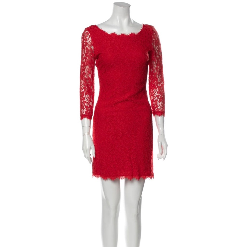 DVF 3/4 Sleeve Lace Pattern Cocktail Mini Dress